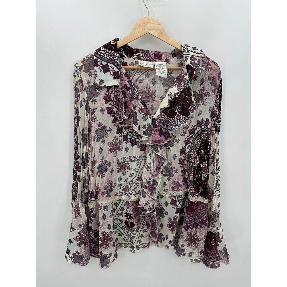 Y2k Boho Purple Floral Button Front Shirt Women Sz16W Pleated Fairy Edwardian